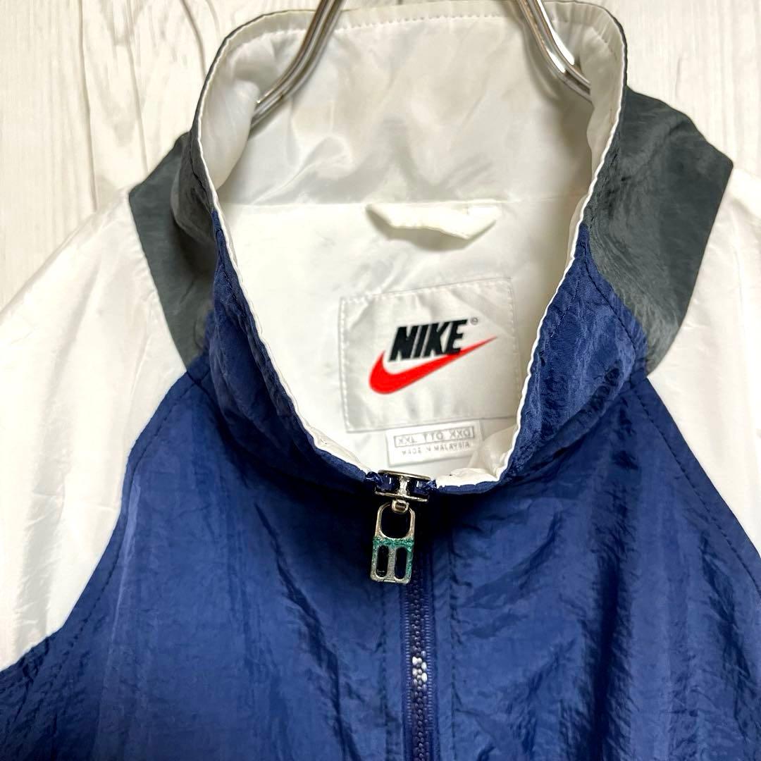 90s白タグNIKEナイキ ナイロンジャケット ビックXXLサイズ 白紺ロゴ