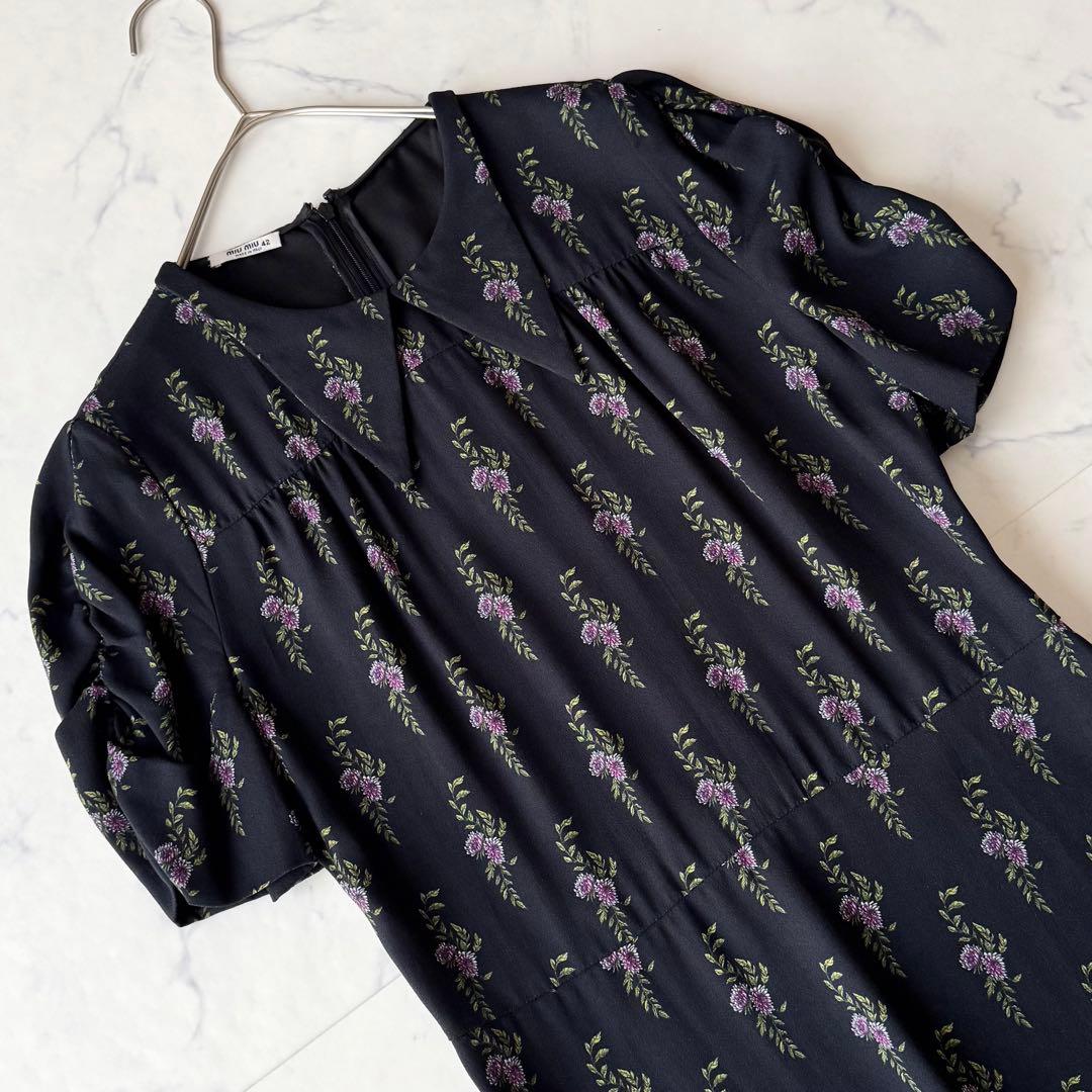 ミュウミュウ 小花柄 ワンピース フレア パフスリーブ ギャザー 襟付き