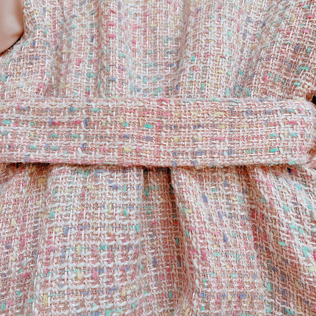 areeam ピンク系ミックスツイード長袖マキシワンピース 異素材 ベルト