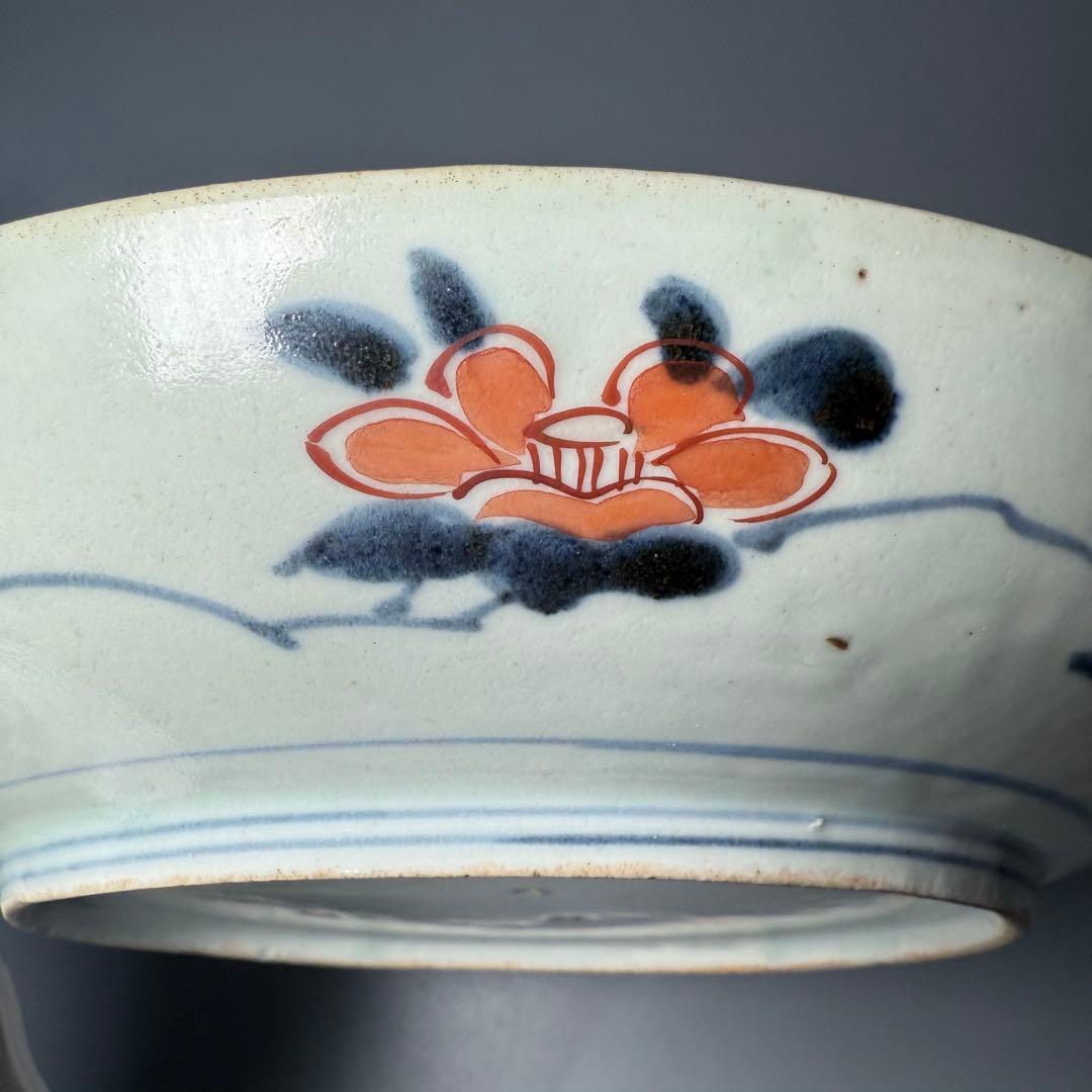 元禄伊万里 色絵花鳥図七寸皿 建築物 金蘭手 赤絵 裏椿文 状態◎ 蒐集