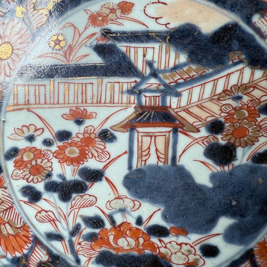 元禄伊万里 色絵花鳥図七寸皿 建築物 金蘭手 赤絵 裏椿文 状態◎ 蒐集