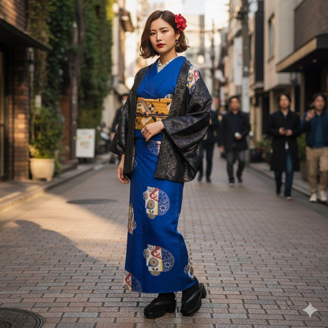 極美品】【銘仙】【単衣】身丈157 ロイヤルブルー 幾何学丸紋 トール