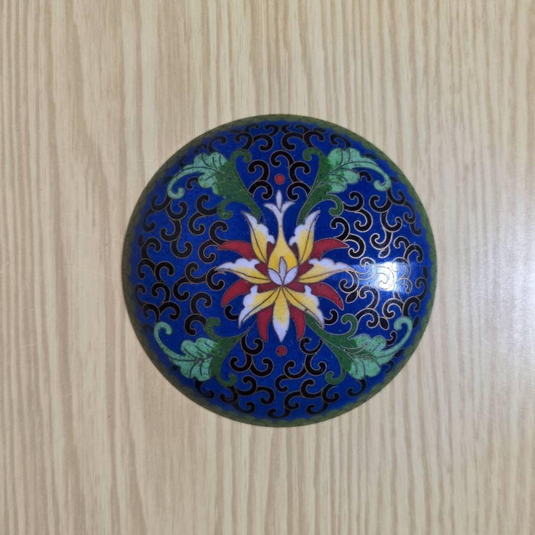 中国工芸】景泰藍 七宝焼き 合子 香合 花唐草 菊紋 ブルー