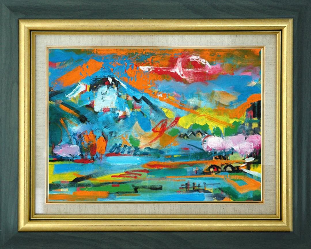 油絵 菅家令子 絵画インテリア額付(青緑＋金色の枠)uF6-063203風景田園 油絵 菅家令子 絵 絵画インテリア額付(青緑＋金色の枠) F4-071012女性