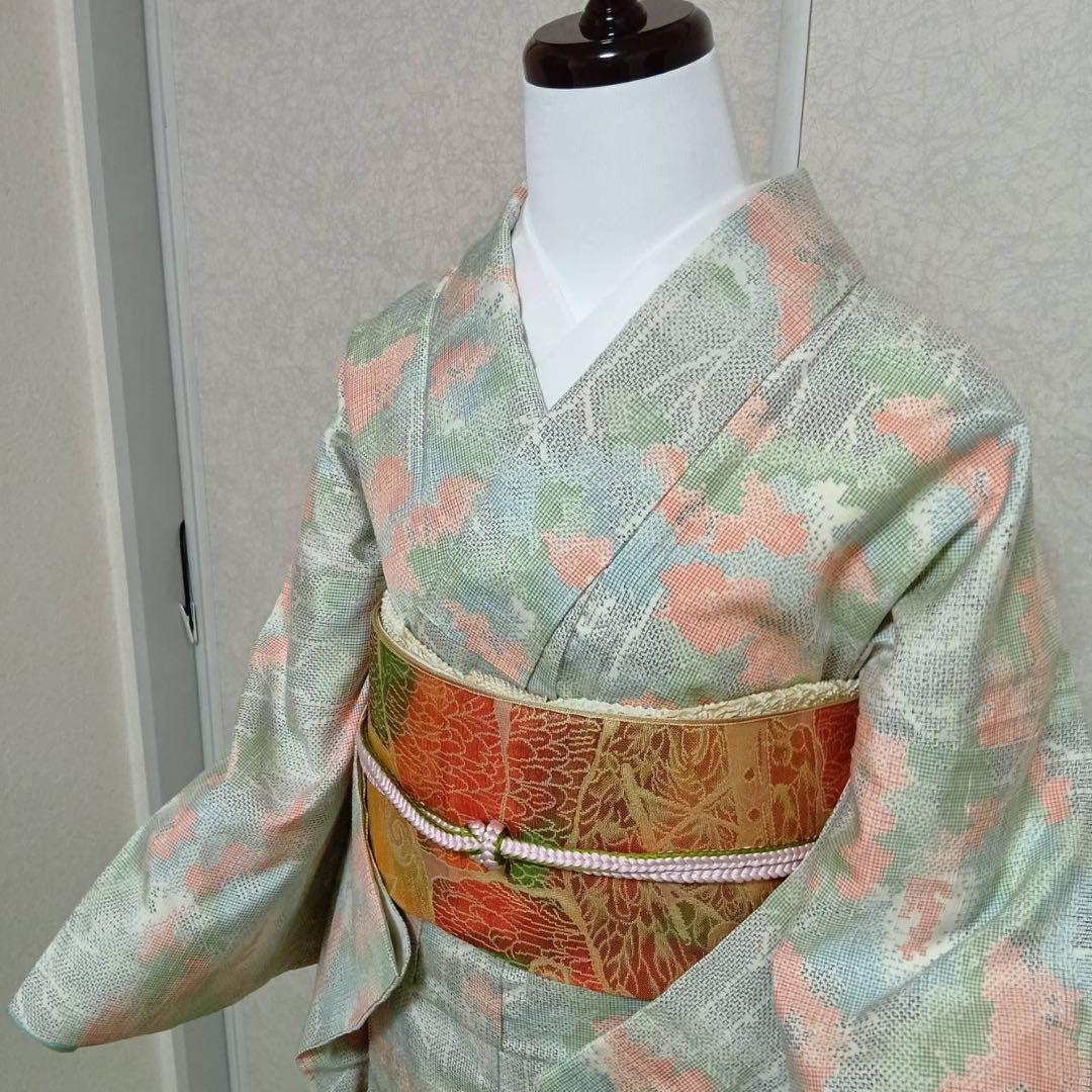 タ8879 未使用近い 美品 袷 紬 白紬 十日町紬系 小紋 正絹 フルセット