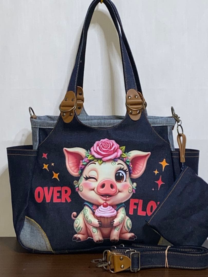 岡山デニム☆ブタさん☆カエル☆リュック対応☆4wayあおりバッグ ☆ハンドメイド♪ ＊岡山デニム4way♪あおりバッグ ＊便利小物入れ