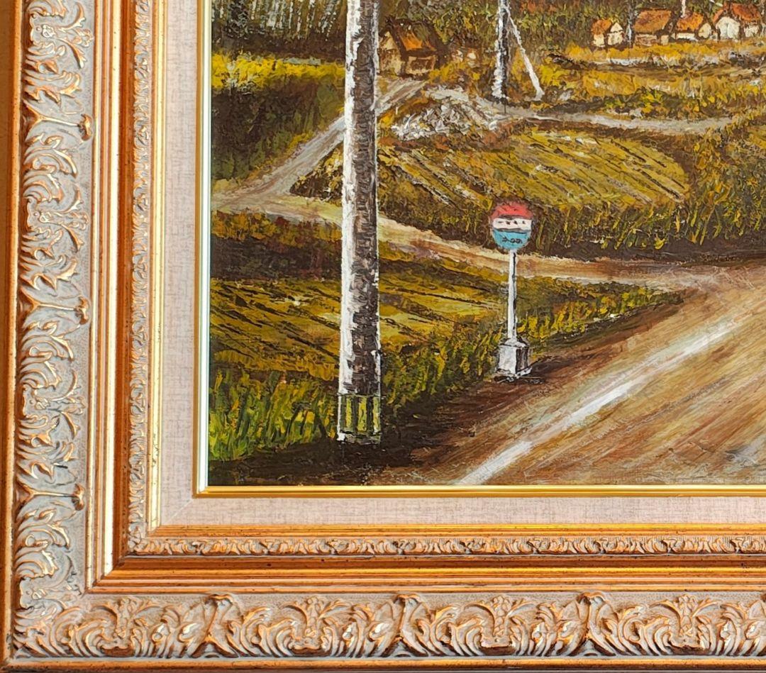 F12号】大型 油絵 風景画 額縁入り バス停 山道 アンティーク 肉筆
