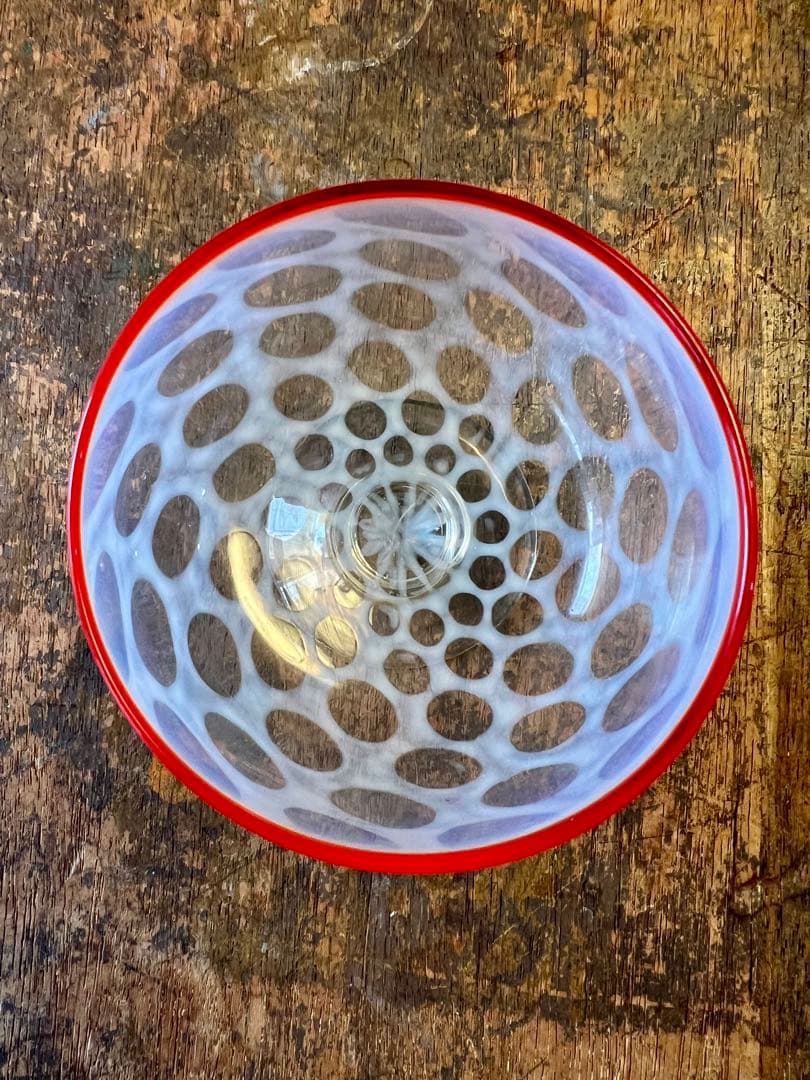 大正ロマン 赤縁水玉紋氷コップ 和ガラス アンティーク 古道具