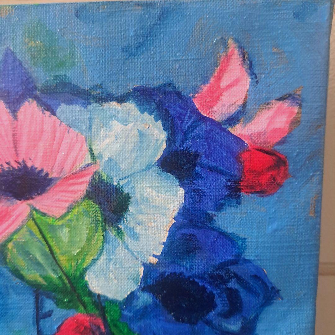 キャンバス油絵 専用 青い背景のコップに入れた野のお花 抽象静物画