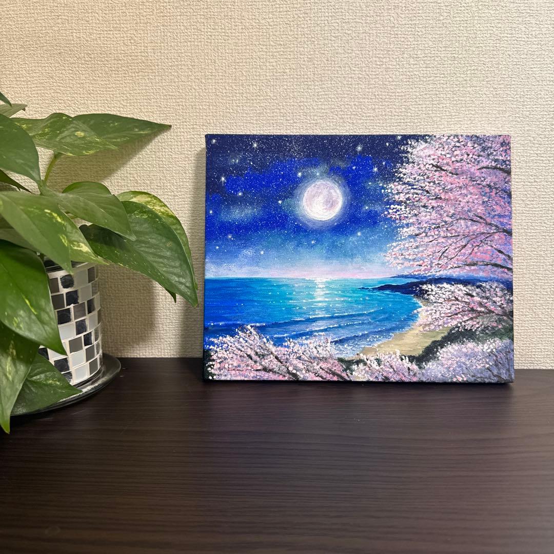 絵画 原画 風景画 肉筆 キャンバス F3 『月に照らされる桜』 - メルカリ