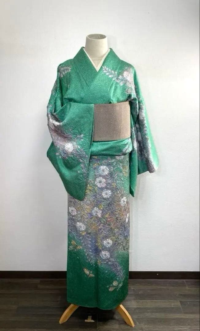 袷　訪問着　辻ヶ花/叩染　正絹　身丈163 中古】 訪問着 袷 レディース 正絹 緑 辻が花 たたき染め風 身丈162.5