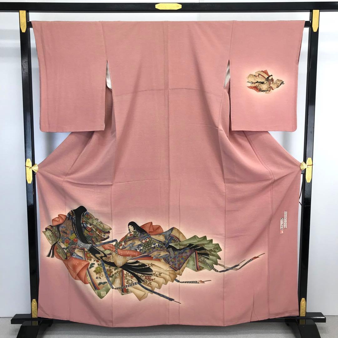 付下げ 京友禅伝統工芸士 樽本伊勢蔵 十二単の女性 積紅色 KK-1835 小柄な方に！ 【伝統工芸士・樽本伊勢蔵】 京友禅摺染訪問着 （仕