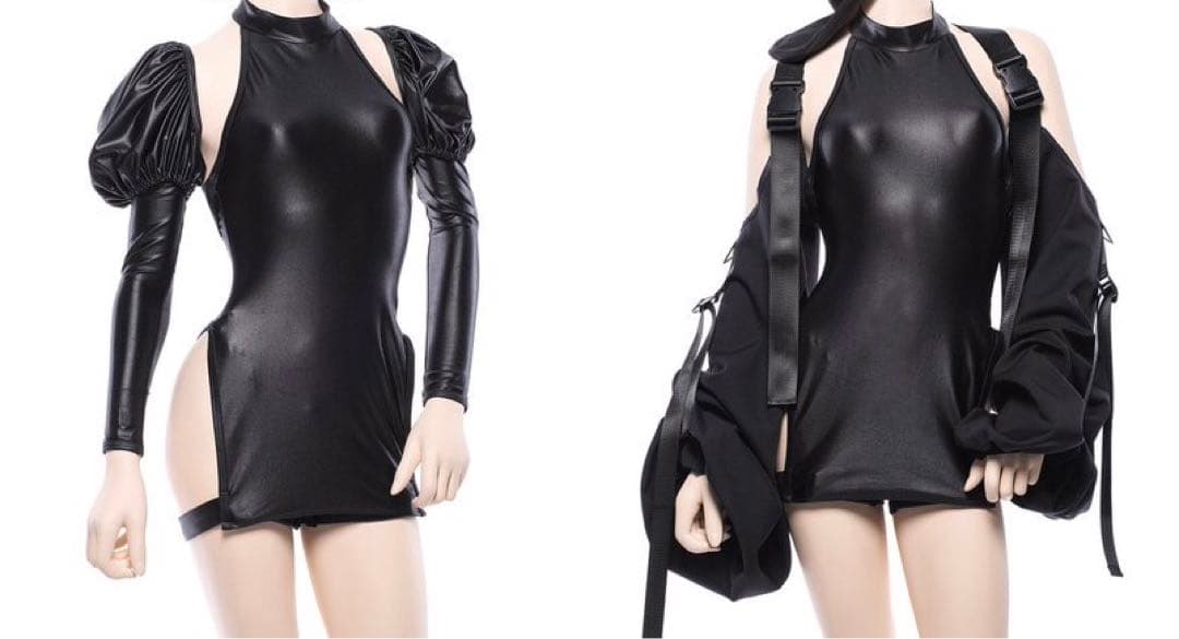 【5点SET】M企画　サイバーチャイナハイレグ　ぶか袖・パフ袖2種類付 白磁に舞う墨花・振袖チャイナセットアップ：Ver.A | Maiden's Rêve