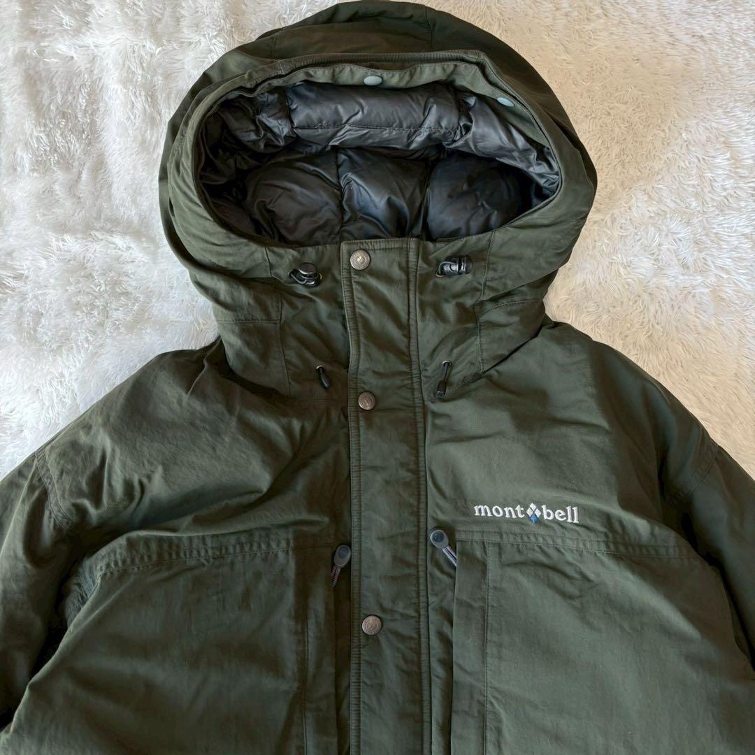 モンベル ローガンダウンジャケット XLサイズ ロゴ フード カーキ