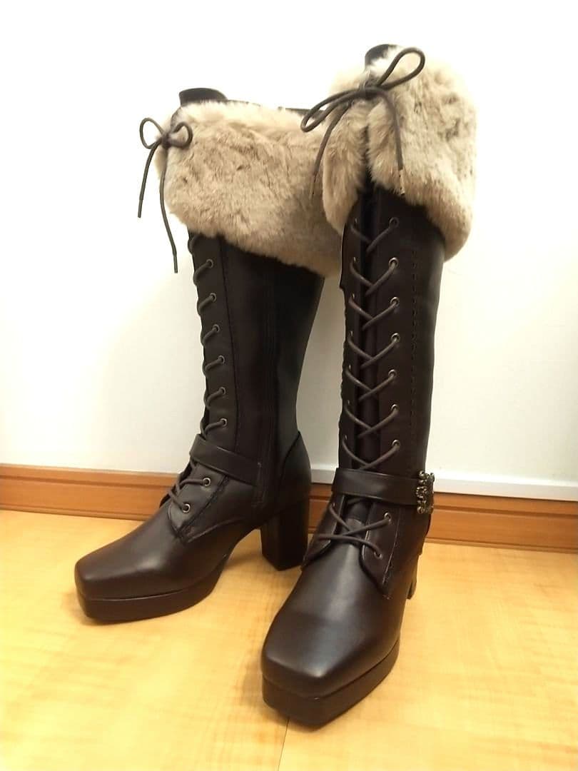 しまむら×くる実 ブラウンファー付きレースアップロングブーツ L