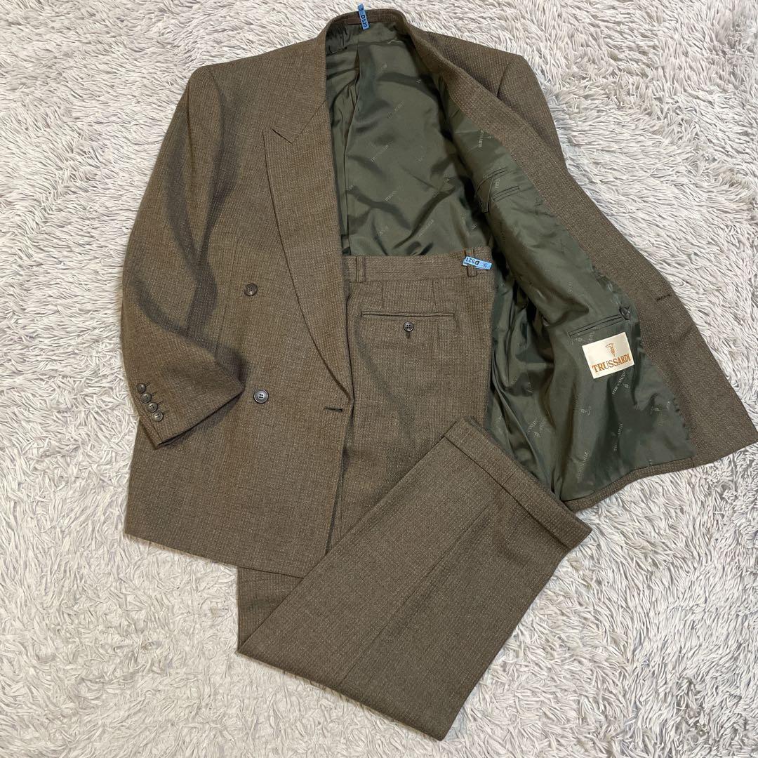 高級 トラサルディ ダブル セットアップ スーツ ウール100% ブラウン XL 高級 トラサルディ ダブル セットアップ スーツ ウール100% ブラウン