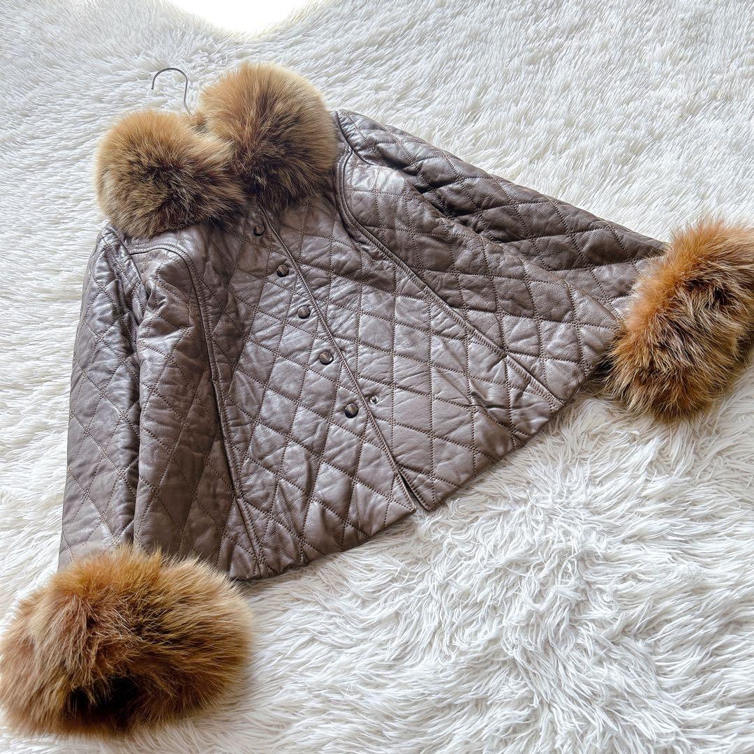 極美品】レリアン フォックスファー付きキルティングレザージャケット 9／M