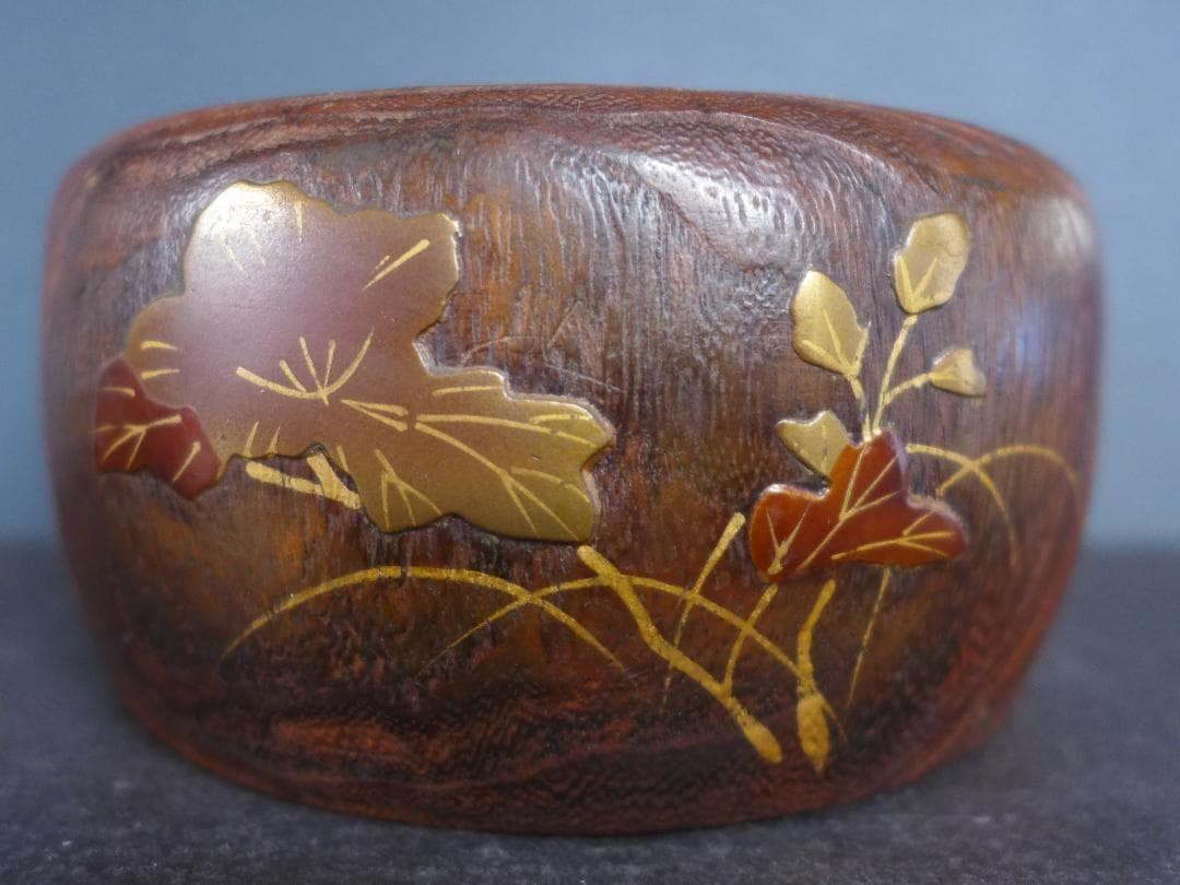 時代物 小型手あぶり火鉢 桑の木一刀彫 蒔絵 古道具 アンティーク 骨董