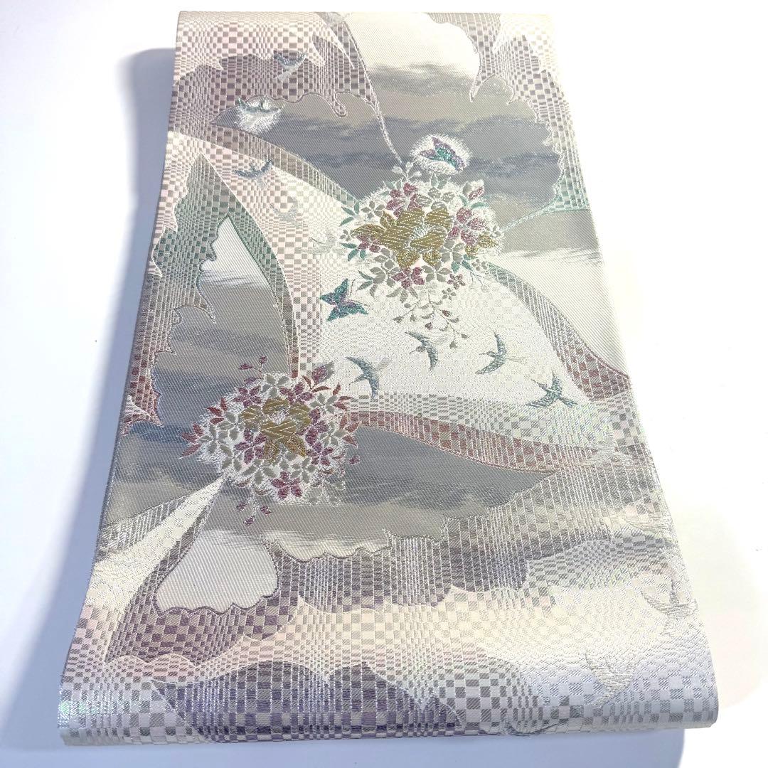 5k2218 袋帯 絹 西陣織 まいづる謹製 彩 唐織 銀色 金色 白 緑 青