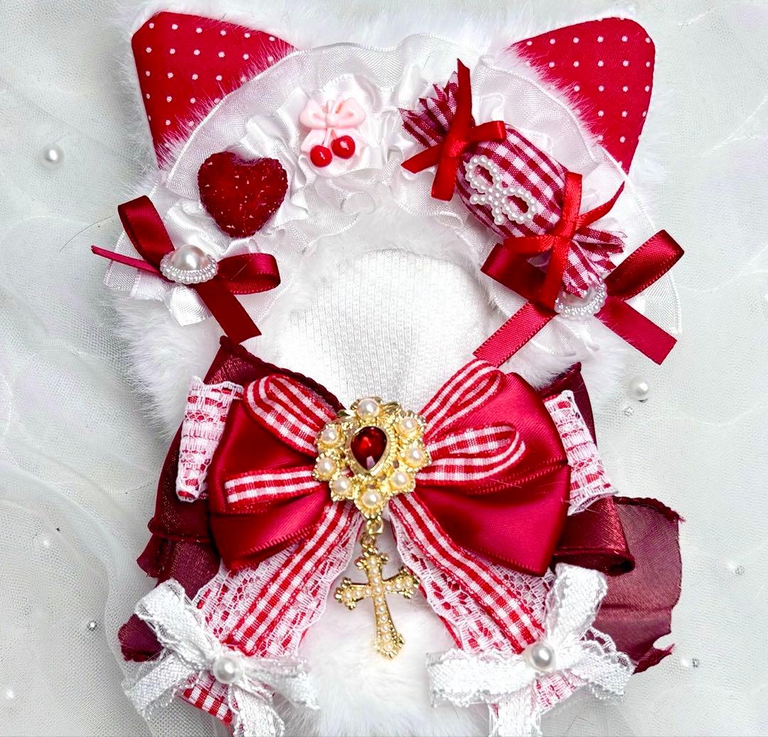 10cm ちびぐるみ ぬい服 白赤ネコちゃん にじぱぺっと しっぽ付き #54