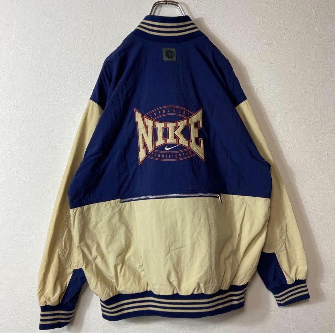 【背面ビッグ刺繍ロゴ◎】NIKEナイロンジャケット古着銀タグMツートンカラー 90年 銀タグ NIKE ナイキ スウォッシュロゴ バックロゴ刺繍 ナイロン