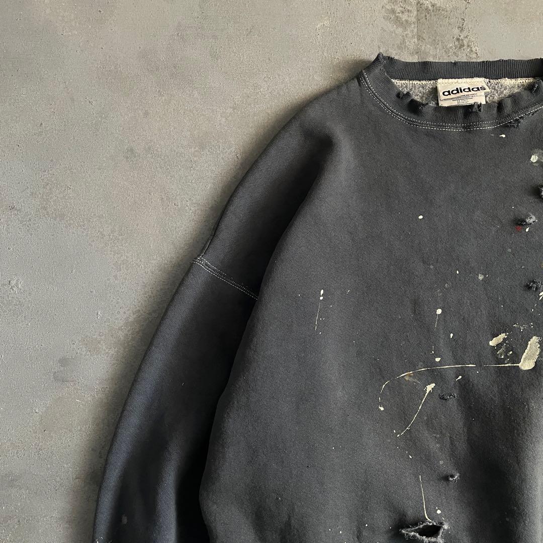80s 万国旗“adidas”墨黒“XL“USA製“ペンキ”boro sweat
