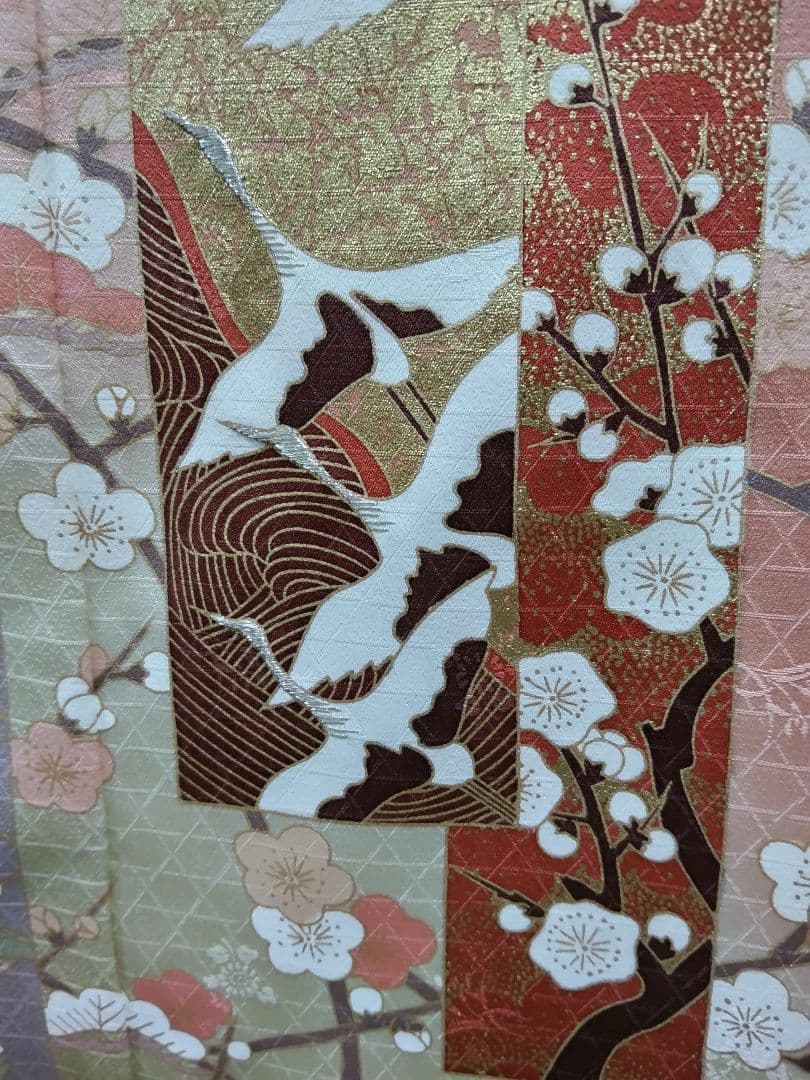 F-274 訪問着 金彩 染め分け 暈し 袷 鶴 松 梅 流水 緞子地 美品