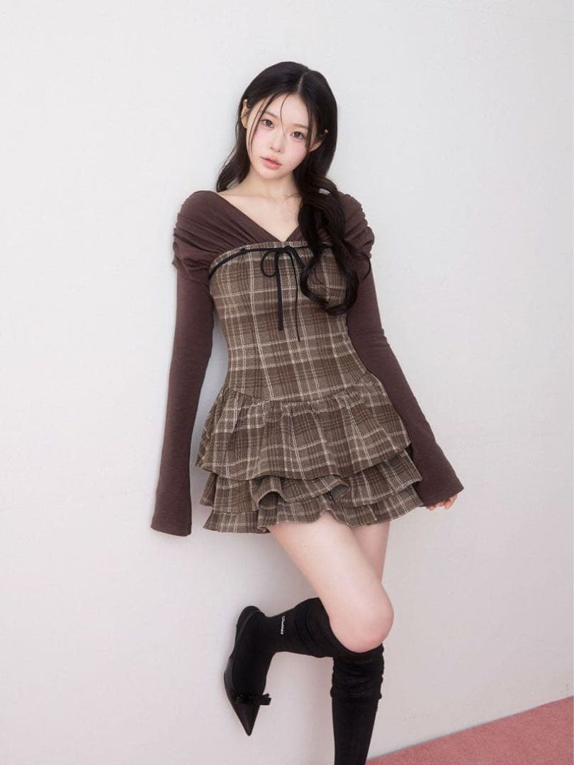 BUBBLES チェックレイヤードワンピース ブラウン 新品タグ付き♡ BUBBLES】チェックレイヤードワンピース | sparkling mall online store