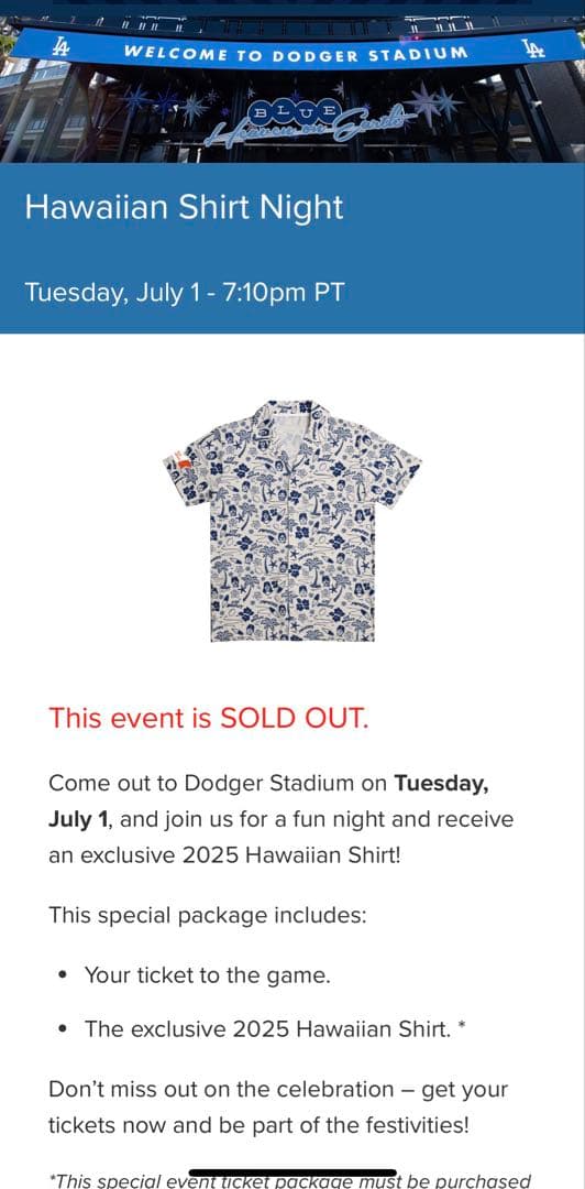 ドジャース ハワイアンシャツナイト アロハシャツ Mサイズ 7月1日 限定