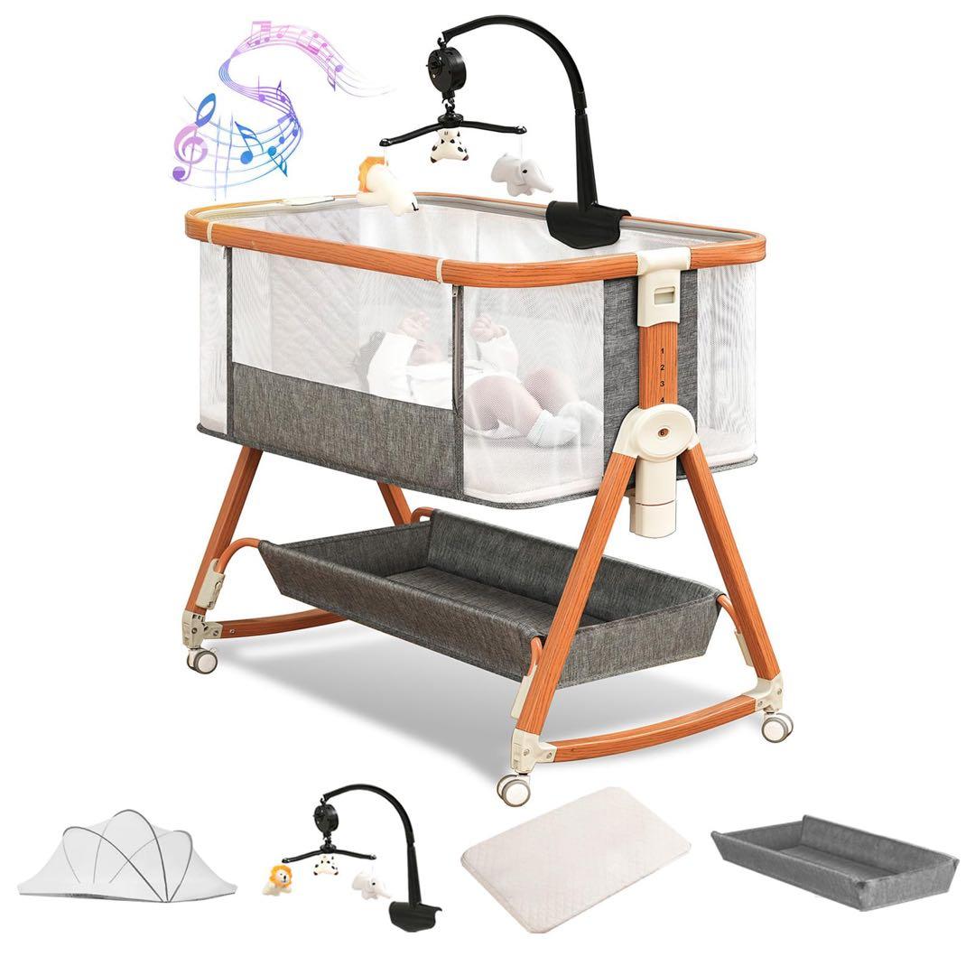 組み立て簡単♥️ベビーベッド 木色 多機能 高さ調整可能 キャスター付き 蚊帳付き ティンバーベビーベッド 高さ3段階 ベビーベッド ハイタイプ 収納