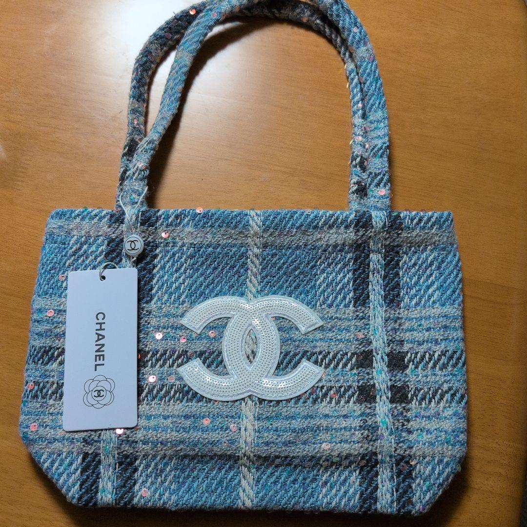 CHANELシャネル ココマークツイードスパンコール トートバッグ ブルー
