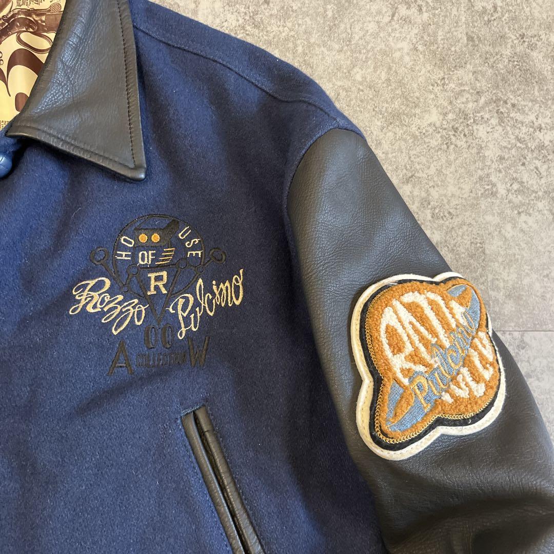 ROZZO スタジャン 短丈 ワッペン レザー 紺×黒 y2k 古着 アメカジ