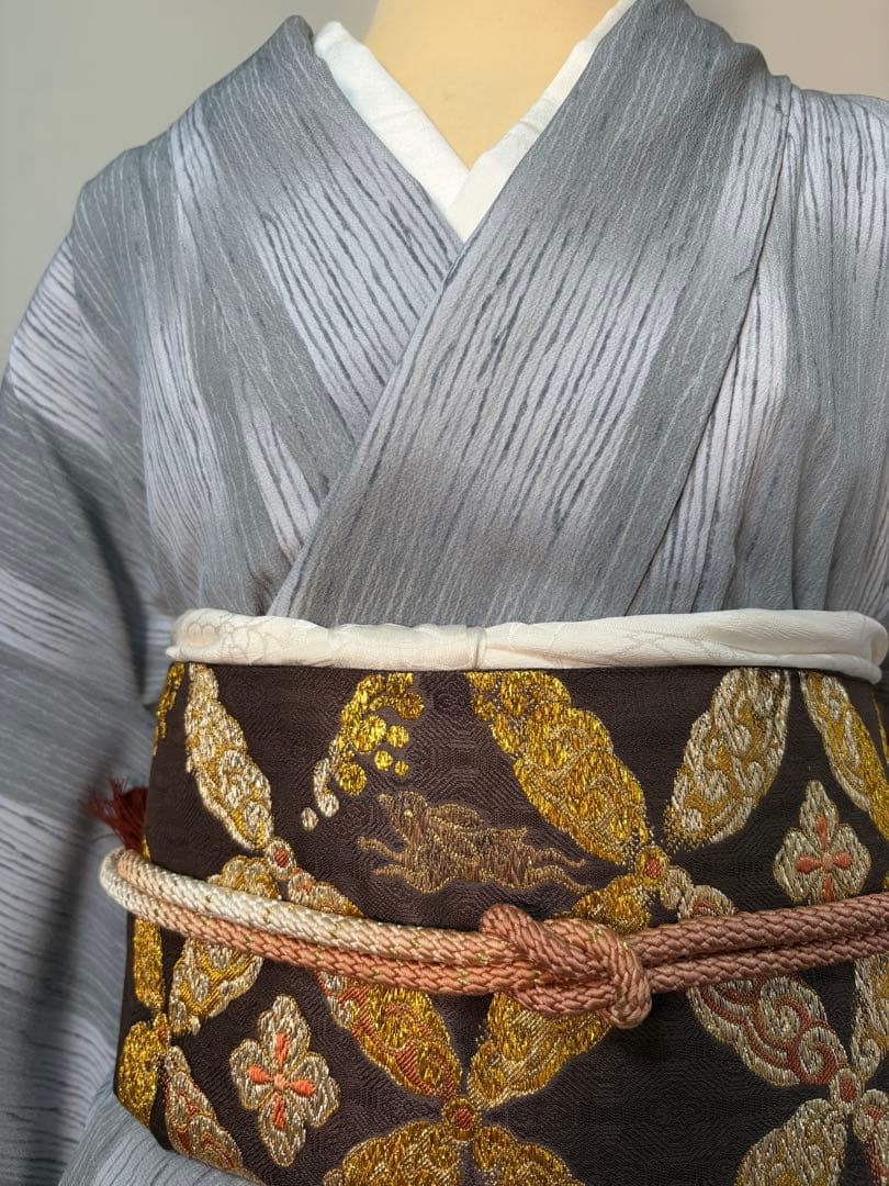 正絹 焦茶色 七宝にうさぎ図 袋帯 450㎝ 訪問着、色無地に 金糸