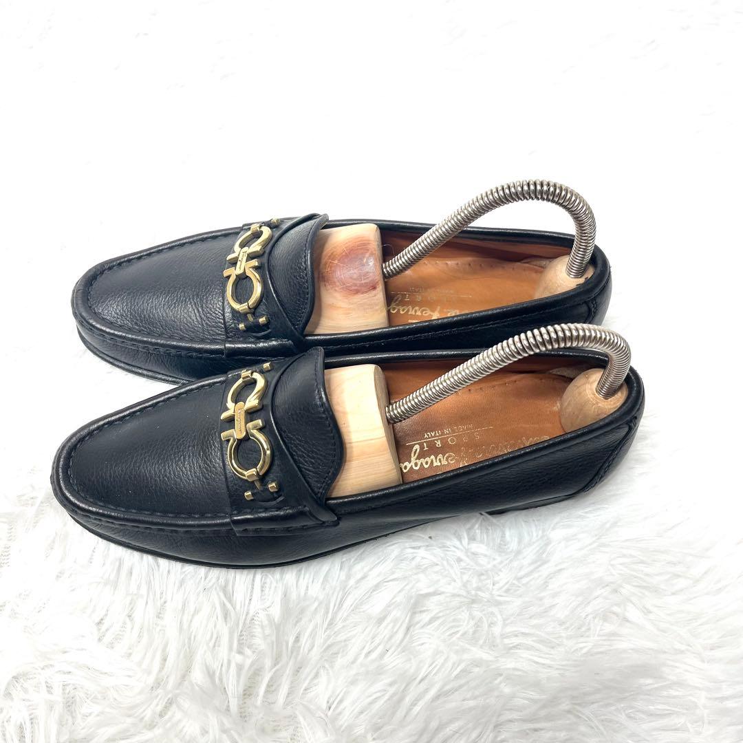 【美品】 フェラガモ ガンチーニ ビットローファー 24.0cm シボ加工 黒