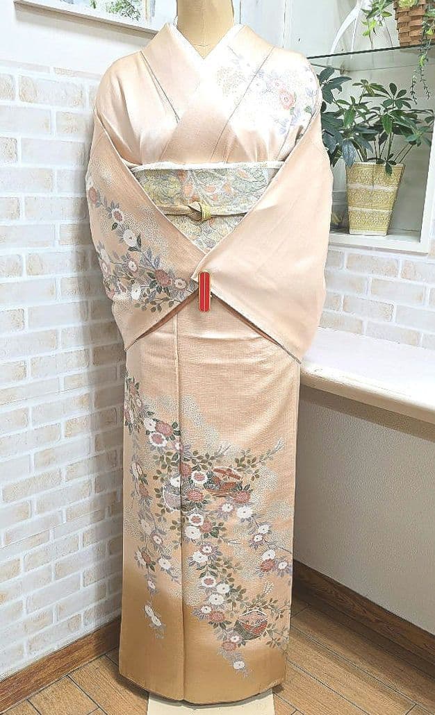 オレンジベージュ糸巻訪問着と袋帯・帯揚げ帯締めの4点フルセット 中古】 夏袋帯 夏用 袋帯 正絹 六通柄 オレンジ 菊 長さ424cm 幅30cm