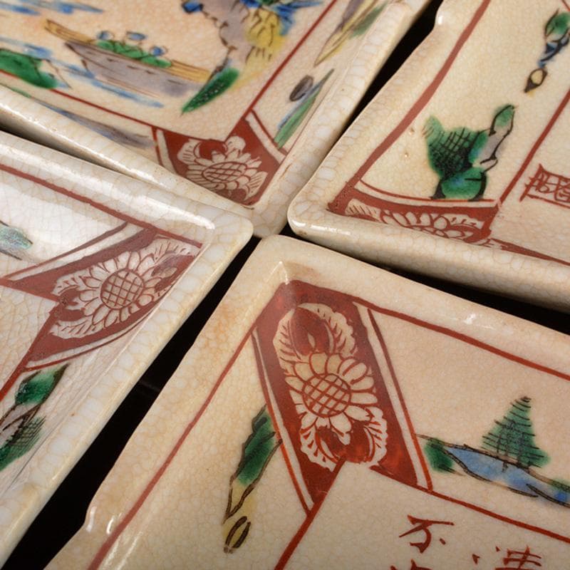 九谷焼 春日山窯 金城製 青木木米 聾米造 赤絵 四方小皿 五客 D R6055