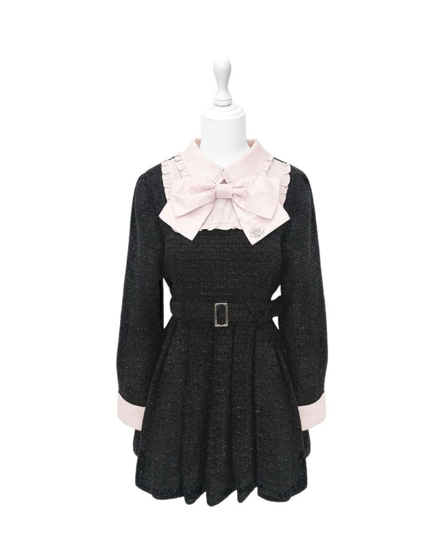 Honey mewビッグリボンツイードプリーツワンピース ブラック XSサイズ