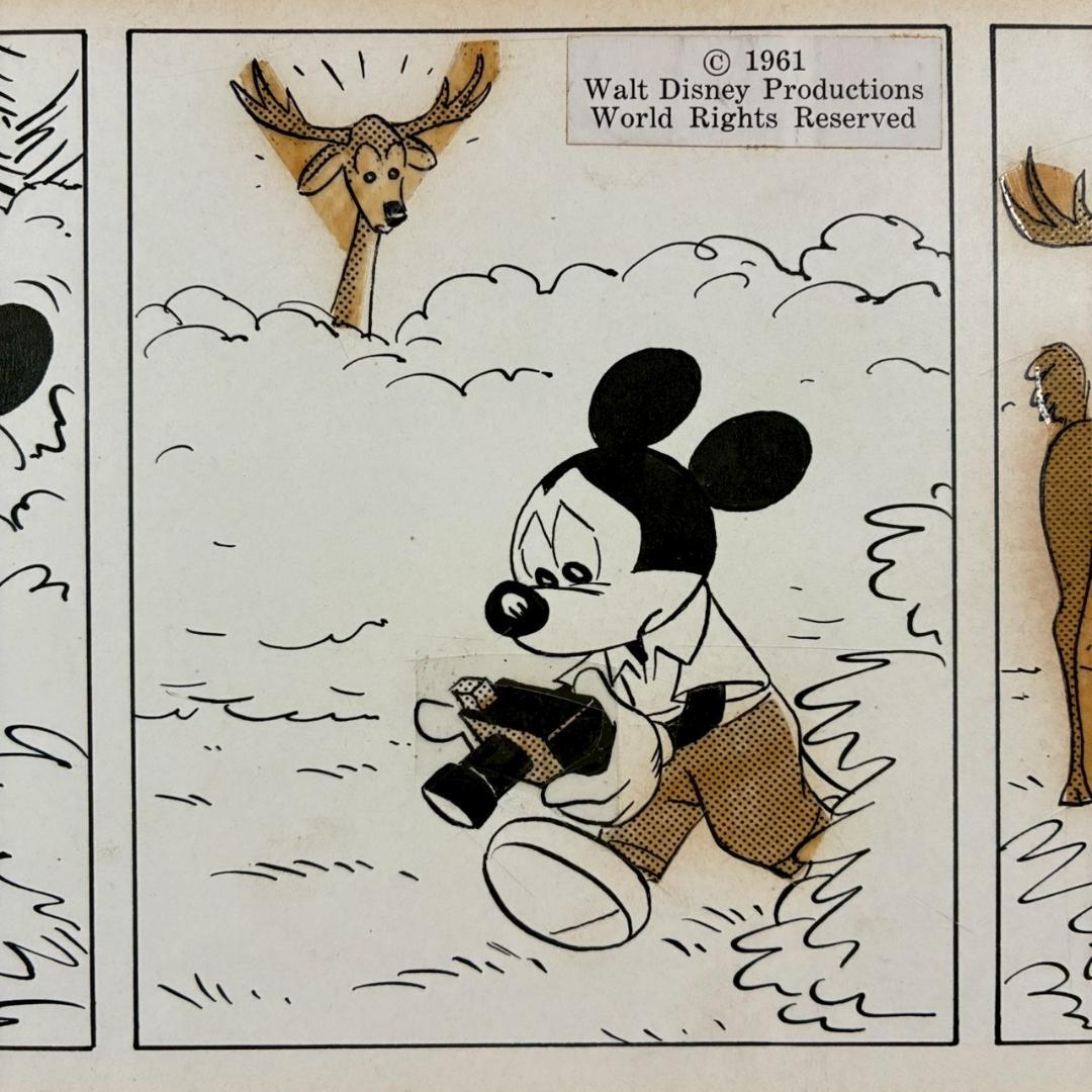 ウォルト・ディズニー ミッキーマウス3コマ漫画 原画 1961年 直筆