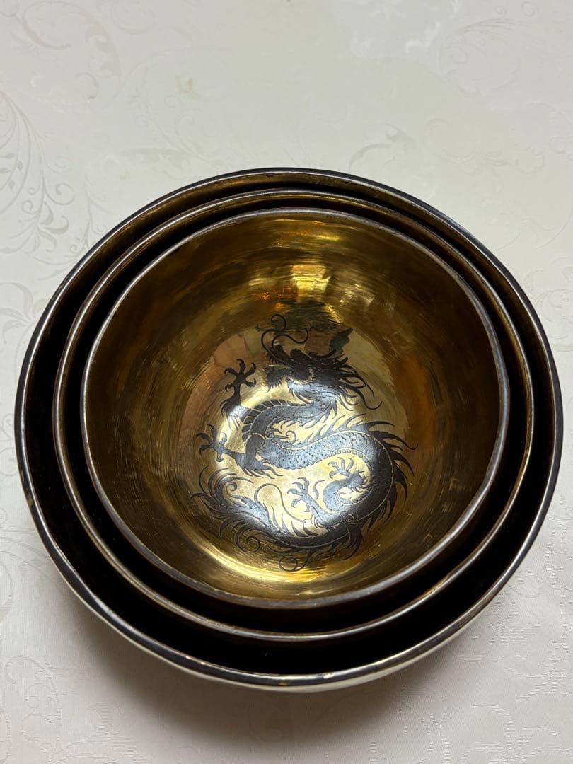 希少】龍彫りシンギングボウル トリオ／C・E・G調和セット／ネパール