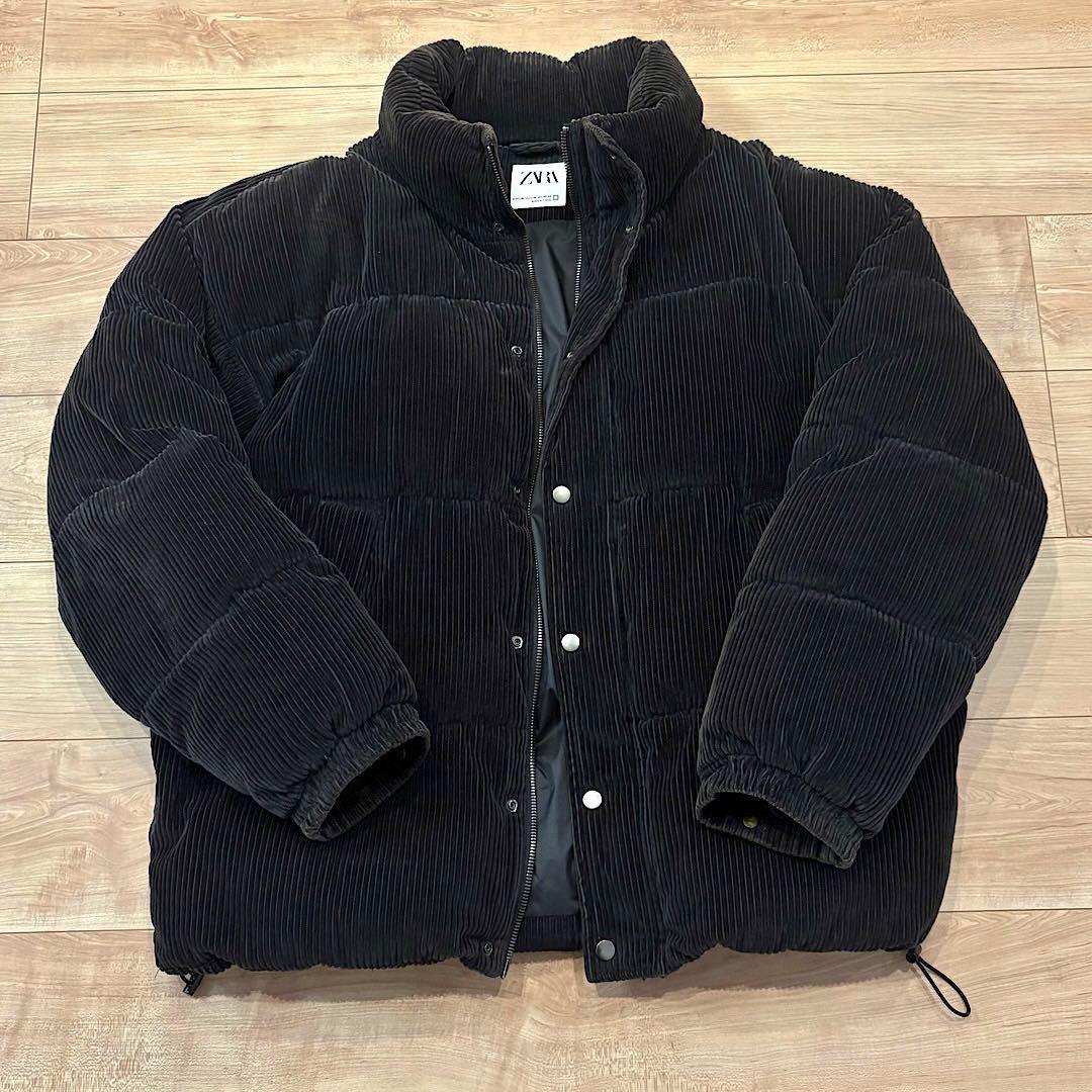 ZARA コーデュロイ ダウンジャケット パフジャケット ブラック XL
