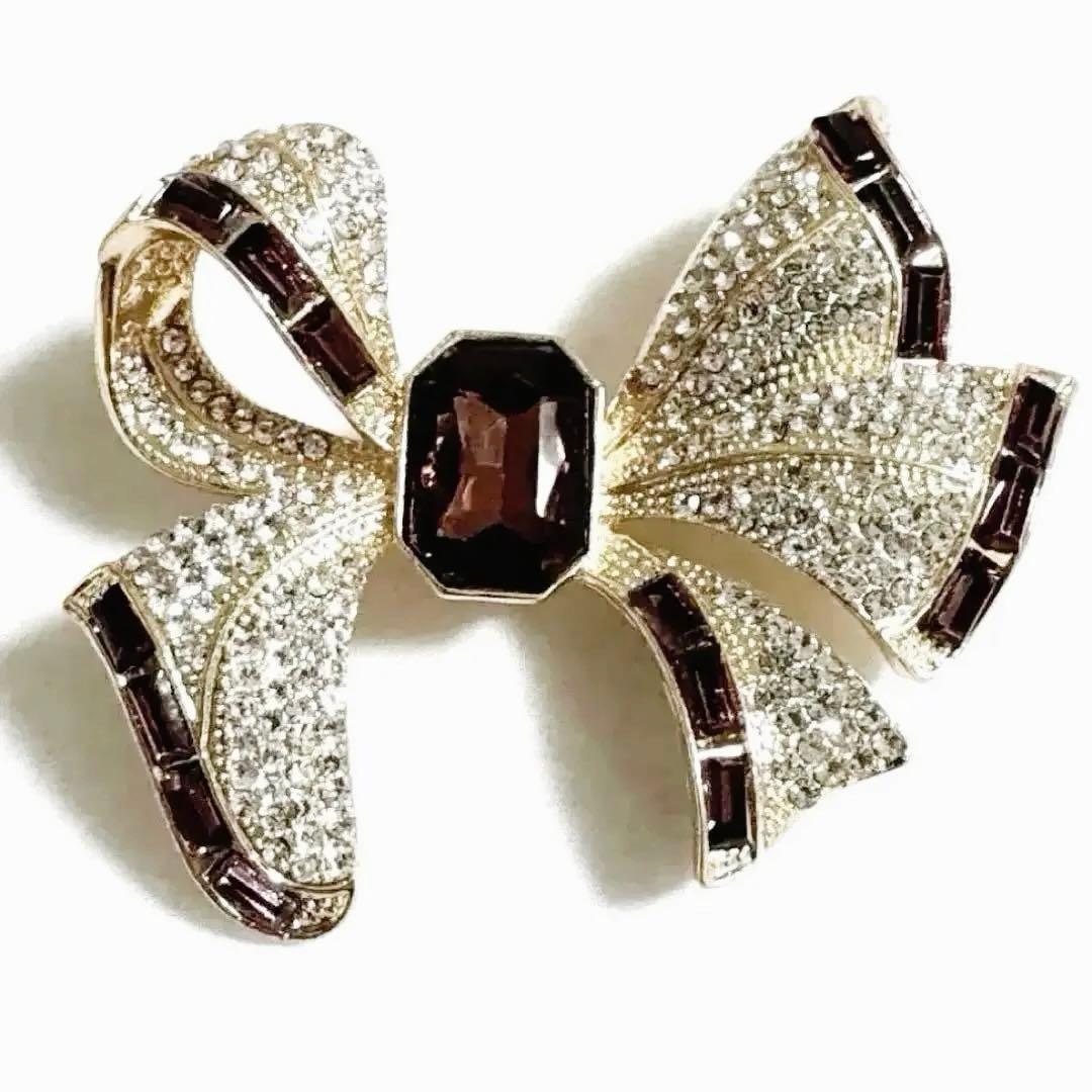 アンティーク風 大きめ ラインストーン装飾の上品リボンブローチ（310