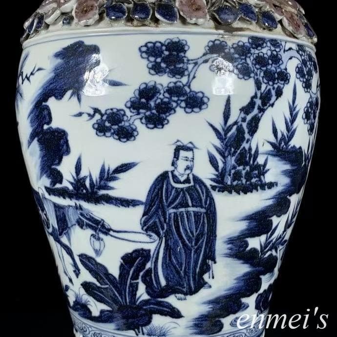 中国古美術✦青花釉裏紅捏花蕭何月下で韓信を追う梅瓶✦文房具・純