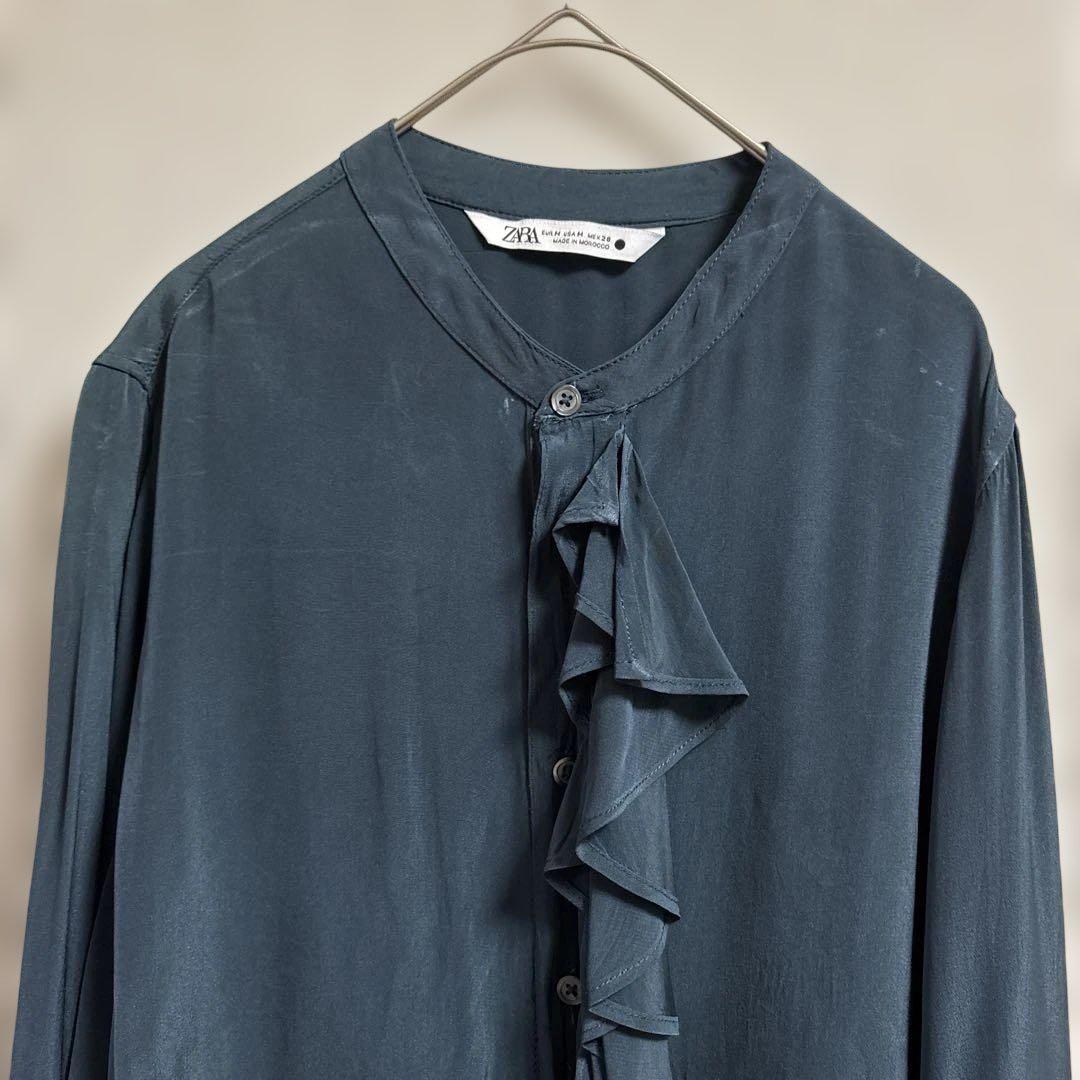 ZARA ザラ 訳あり ダークブルー フリル付き シャツ ブラウス 長袖 M