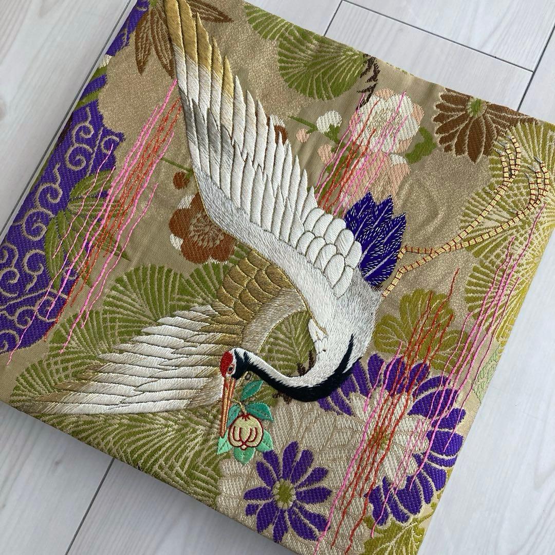 アンティーク名古屋帯　鶴の刺繍　金駒刺繍　上質　正絹　No.2-24