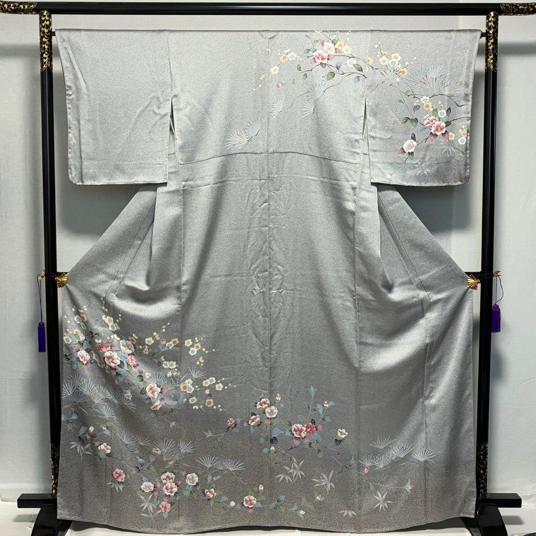 D302 訪問着 花模様 友禅 一つ紋 正絹 着物 袷 しつけ糸付き未使用極美