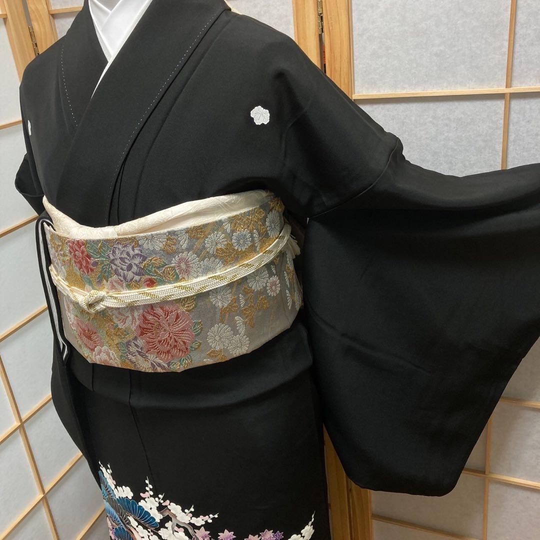 3110］黒留袖 美品 鴛鴦 作家物 比翼付 友禅 五つ紋 蔦 正絹 着物 袷