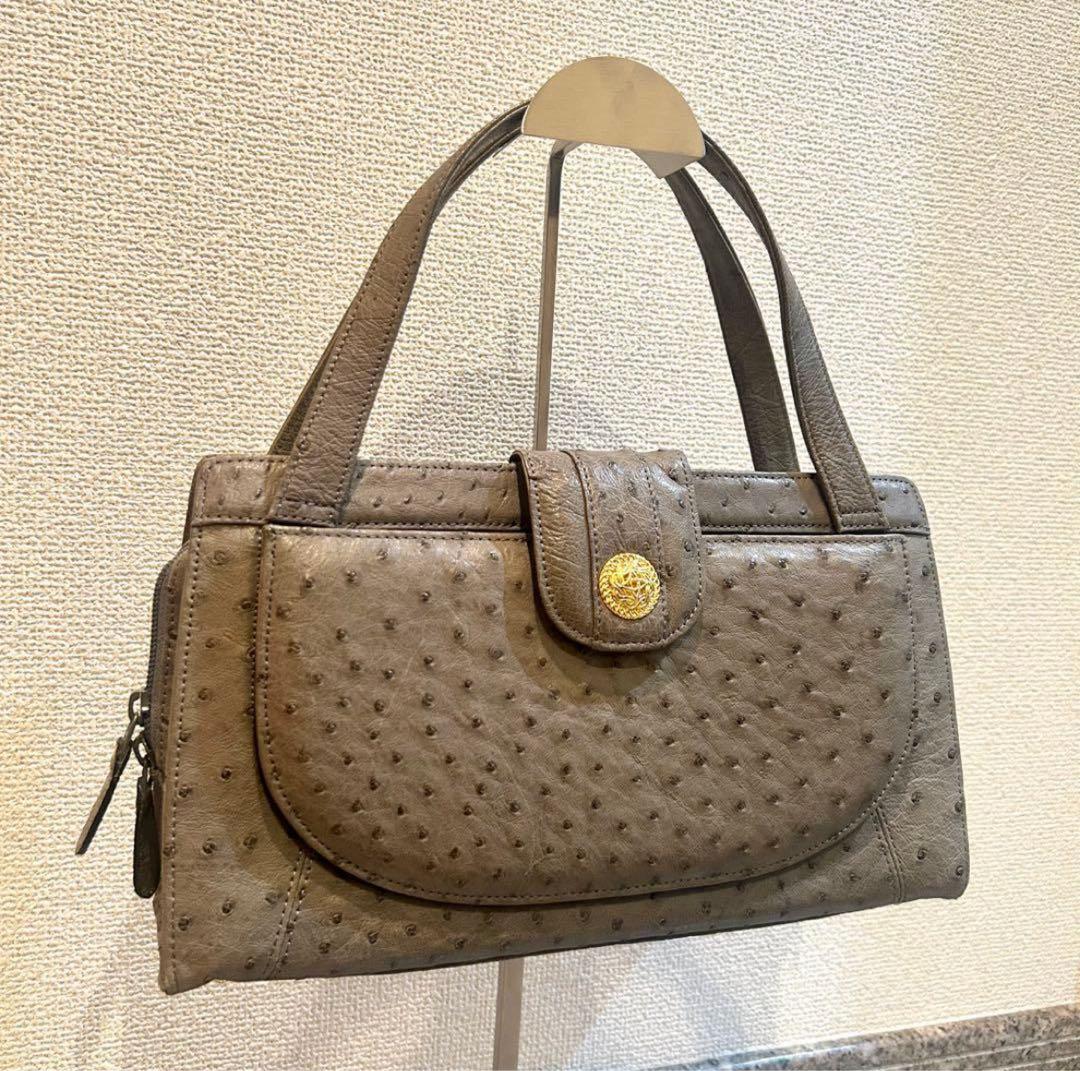 オーストリッチレザー ハンドバッグ ゴールド金具 自立 スエード