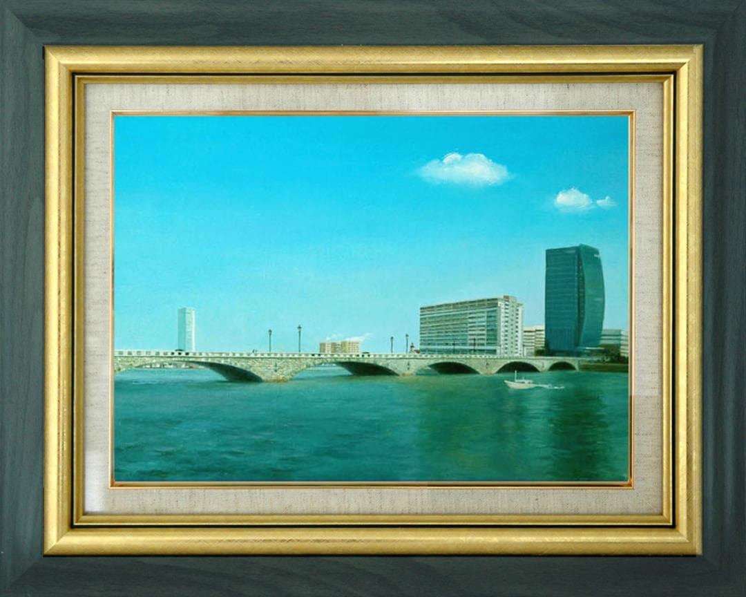 油絵 菅家令子絵画インテリア額付(青緑+金色の枠)F6-080214万代橋 新潟 油絵 菅家令子 絵 絵画インテリア額付(青緑＋金色の枠) F4-071012女性