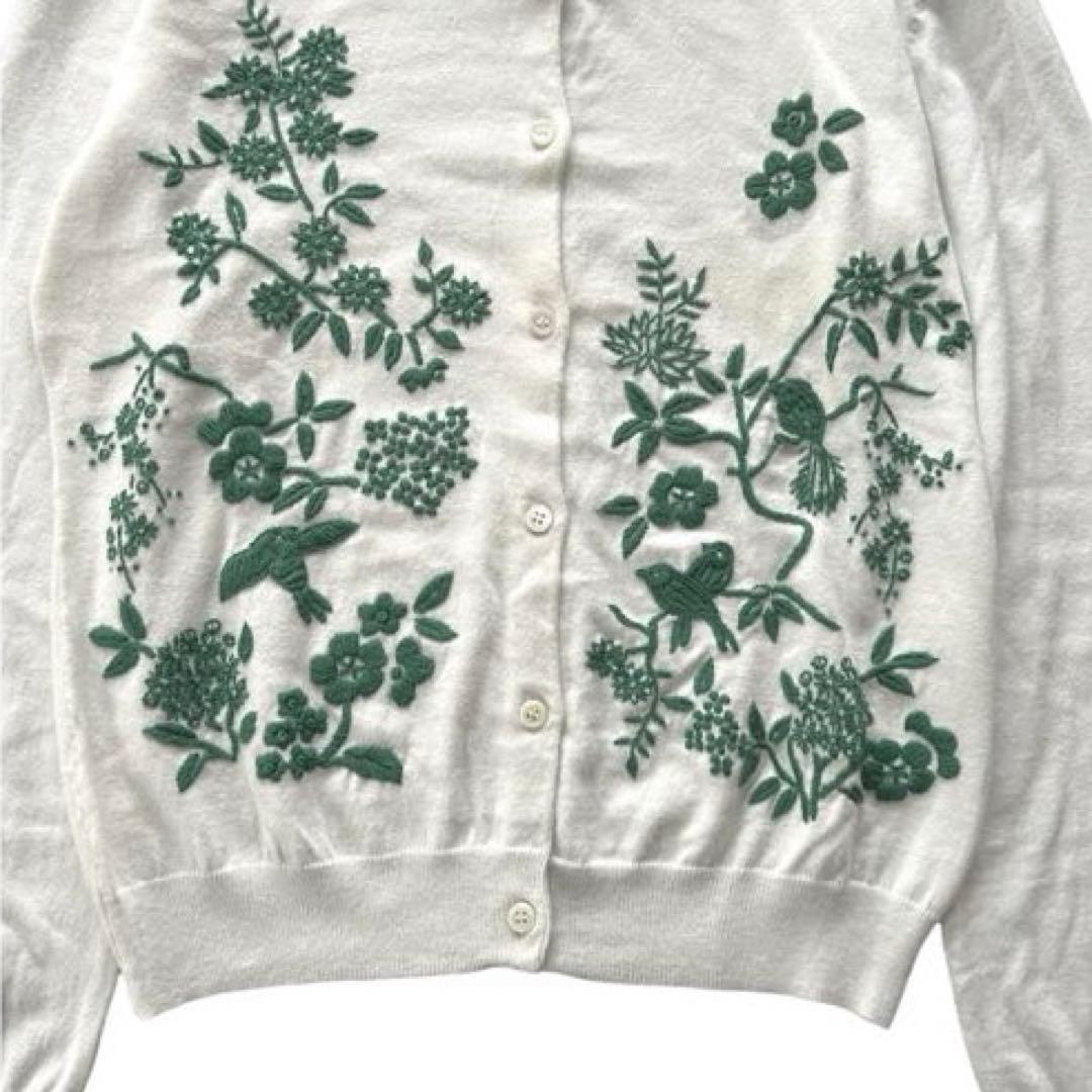 新品】ケイタマルヤマ カーディガン 刺繍 花 鳥 コットン 白 グリーン