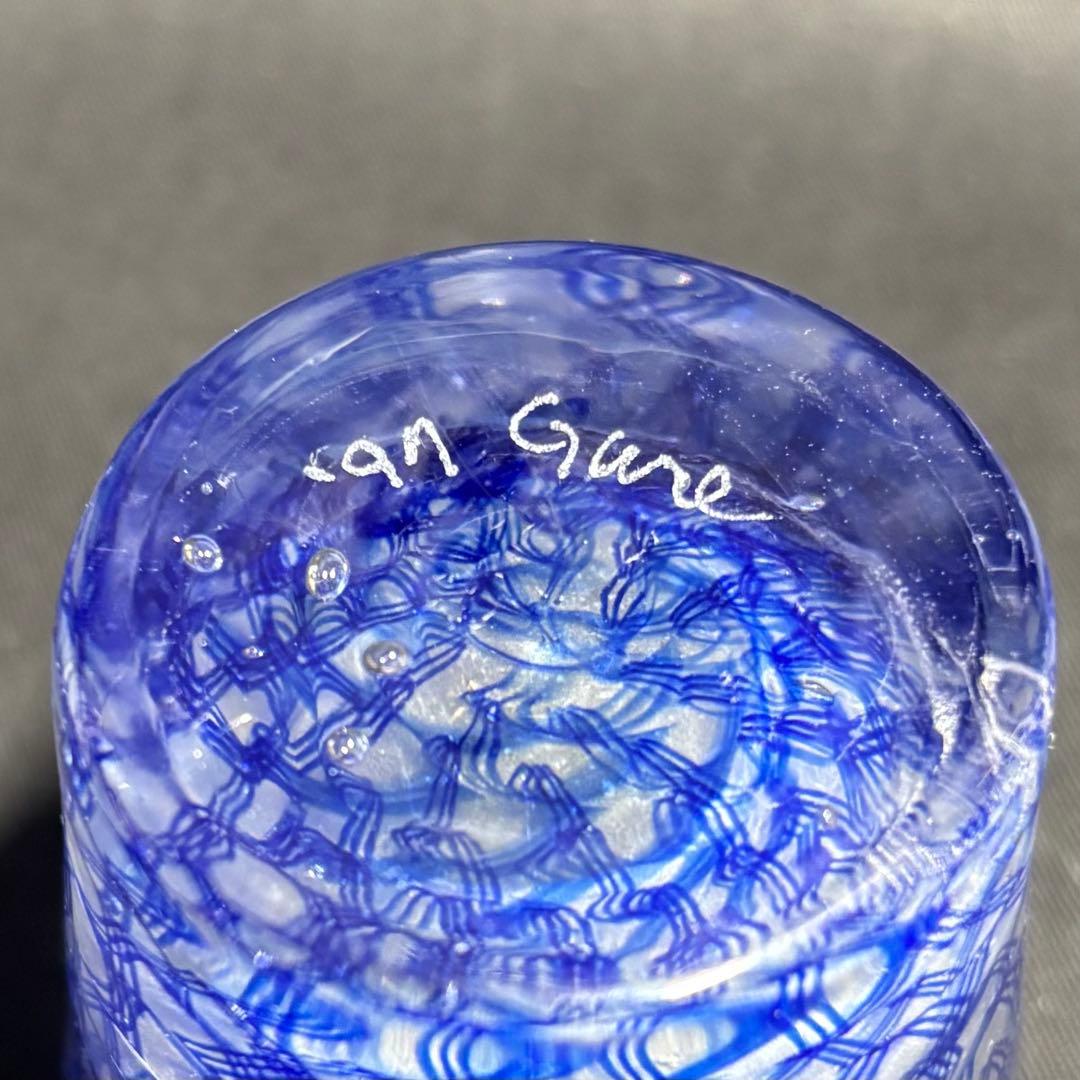 コアガラス 小暮紀一 冷酒杯 レース文様 青 ぐい呑 おちょこ トンボ玉